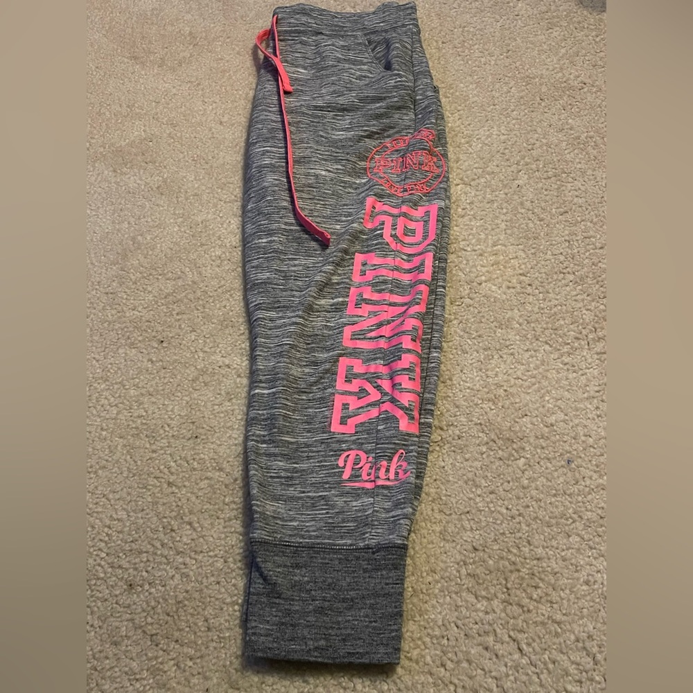 Victoria Secret Pink: Grey Cuffed Sweatpants with Hot pink drawstring
